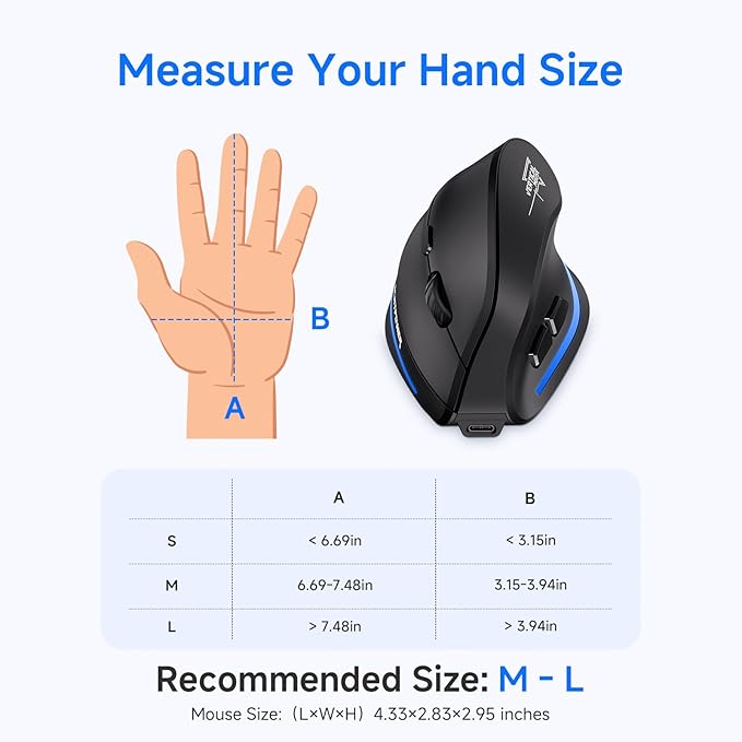 ECHTPower Ergonomic Wireless Mouse Bluetooth Vertical Mouse with LED Light Control Up to 3 Devices (BT5.0+BT5.0+2.4GHz) Adjustable DPI 2400/1600/1000 for PC Laptop Mac Windows