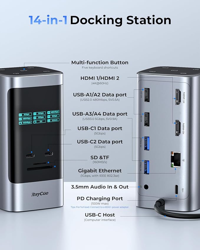 RayCue 14 in 1 Docking Station Dual Monitor 2 * 4K HDMI 6 USB Ports 5 Shortcut Button 1Gbps Ethernet PD3.0(No Power Adapter) Laptop Docking Station for Dell/HP/Lenovo/Asus/Acer/Mac