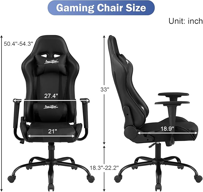 BLKMTY Gaming Chair Office Chairs High Back Computer Leather Desk Chair Racing Executive Ergonomic Adjustable Swivel Task Chairs with Headrest and Lumbar Support Black