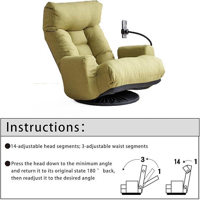 360-Degree Swivel Floor Chair with 5-Position Folding Design Adjustable Headrest Waist Support Armrests and Phone Holder for Living Room (Green+Fine Linen)