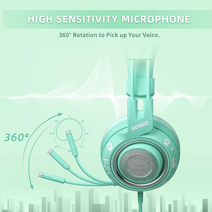 SOMIC G951S Green Gaming Headset with Microphone for PS4 PS5 Xbox One PC Cat Ear Headphones Over Ear with in-Line Mic Control Stereo Sound for Girls Woman