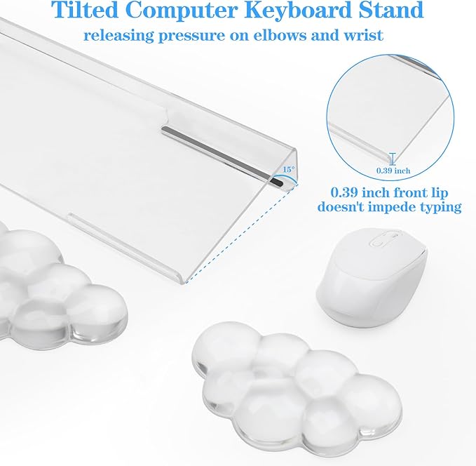 Acrylic Transparent Computer Keyboard Stand with Gel Cloud Keyboard and Mouse Wrist Rest Ergonomic Tilting 3-in-1 Set Relieves Painful Typing for Office/Computer/Laptop/Gaming