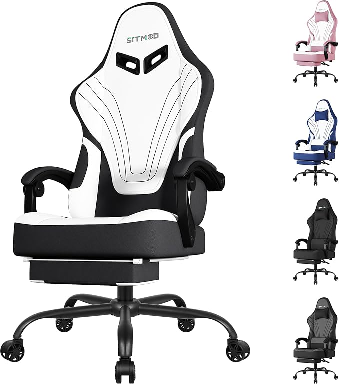 Gaming Chair Fabric Ergonomic Computer Chair with Footrest Video Gamer Chair with Pocket Spring CushionLinkage Armrests and Headrest Lumbar SupportSwivel Height Adjustable Office Chair for Adults