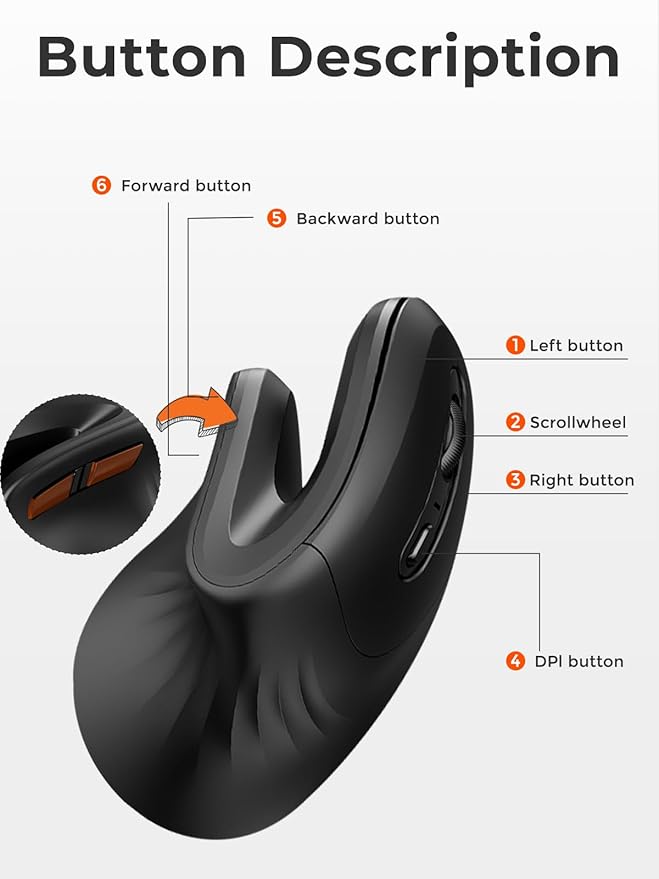 DAREU Ergonomic Vertical Wireless Mouse 2.4G Optical Vertical Mouse with Ergo Design for Comfort and Reduced Wrist Strain3 Adjustable DPI Levels with 6 Buttons Computer Mice for Laptop Desktop PC