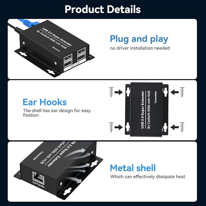 USB Extender Over Ethernet USB 2.0 HUB RJ45 Cat5e/6 196ft/60m up to 480Mbps Transfer Rate No Driver Required Supports POC Power Supply Supports Connecting Keyboard Mouse U Disk Printer etc.