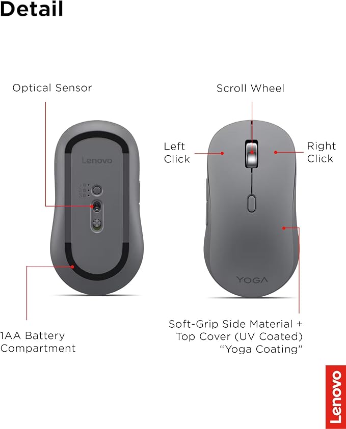 Lenovo Yoga Bluetooth Silent Mouse 3 Level DPI Adjustment 36 Month Battery Life Bluetooth 5.3 3 Device Paring Whisper Quiet Programmable Buttons Smooth Finish Luna Grey