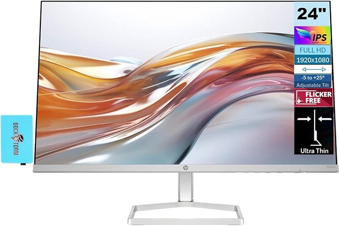 HP Series 5 524sw 24 300 nits IPS FHD Monitor (Replaces M24FW) Adjustable Tilt Flicker Free Anti-Glare Ultra-Thin Low-Blue Light Filter 1x HDMI White/Silver w/DKZ Hub USB Port Expander