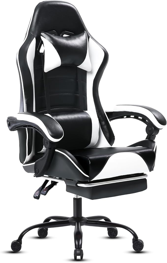 Gaming Chair Computer Chair with Footrest and Lumbar Support Ergonomic Video Game Chair with Headrest and 360°-Swivel Seat Height Adjustable Gamer Chair Office Desk Chair (White)