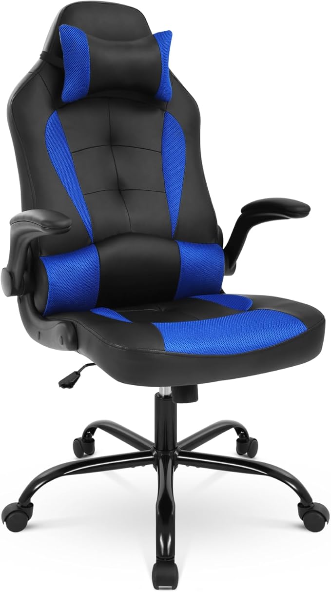 Gaming Chair PU Leather Computer Chair with Flip-up Armrest and Lumbar Support Ergonomic High Back Home Office Chair Comfy Video Game Chair for Home Bedroom Blue