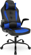 Gaming Chair PU Leather Computer Chair with Flip-up Armrest and Lumbar Support Ergonomic High Back Home Office Chair Comfy Video Game Chair for Home Bedroom Blue
