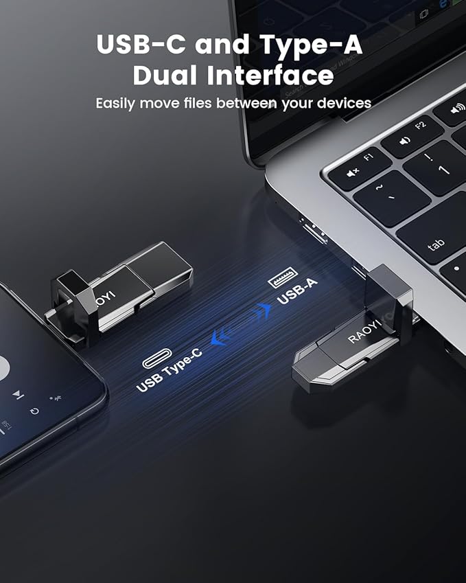 RAOYI 512GB USB C External SSD 2-in-1 Solid State Drive Up to 450MB/s Dual USB 3.2 + Type-C Thumb Drive Portable SSD Drive for iPhone 15/16/17 Android Tablet PC and PS4