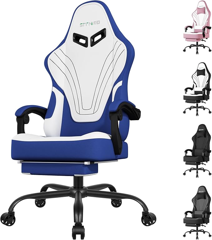 Gaming Chair Ergonomic Computer Chair with Footrest Big Tall PC Gamer Chair with Headrest and Massage Lumbar Support 360° Swivel Height Adjustable Fabric Video Office Chairs for Adults (Blue)