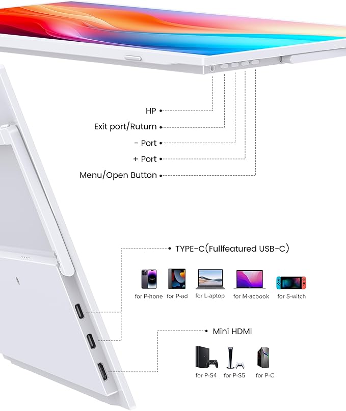 UPERFECT Portable Monitor 15.6 125% sRGB 1080P Laptop Monitor Ultra-Slim White Display USB-C &amp MINI HDMI 350 Nits VESA &amp Case Travel Small Second Screen for Computer Mini PC Game Cons