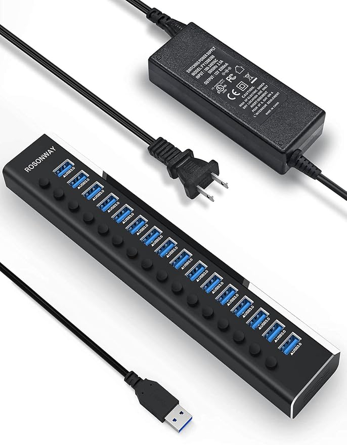 Powered USB Hub Rosonway 16 Ports 96W USB 3.0 Data Hub Aluminum USB Hub 3.0 Splitter with 12V/8A Power Adapter and Individual On/Off Switches RSH-A16 (Black)