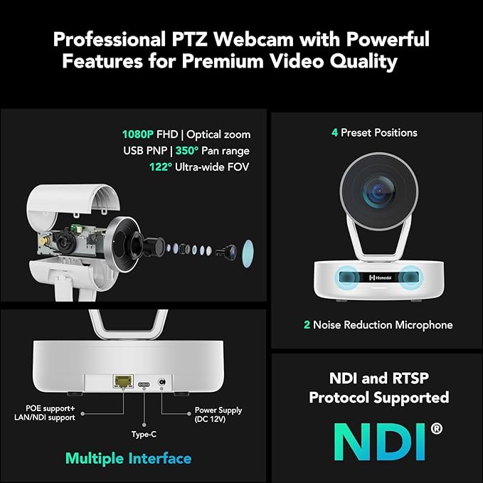 NUROUM Conference Room Camera System 5X Optical Zoom Noise Cancellation Autofocus All-in-one Video Conferencing Camera 1080P PTZ Webcam Bluetooth Conference Speaker and Microphone