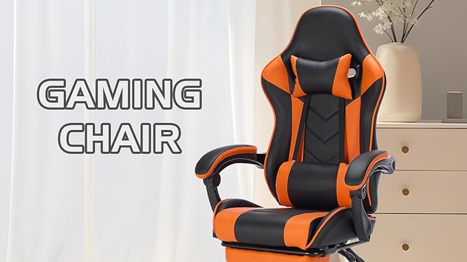 Gaming Chair with Footrest Ergonomic Computer Chair with Headrest and Lumbar Support Breathable Material Height Adjustable Video Game Chairs for Adults Black+Orange