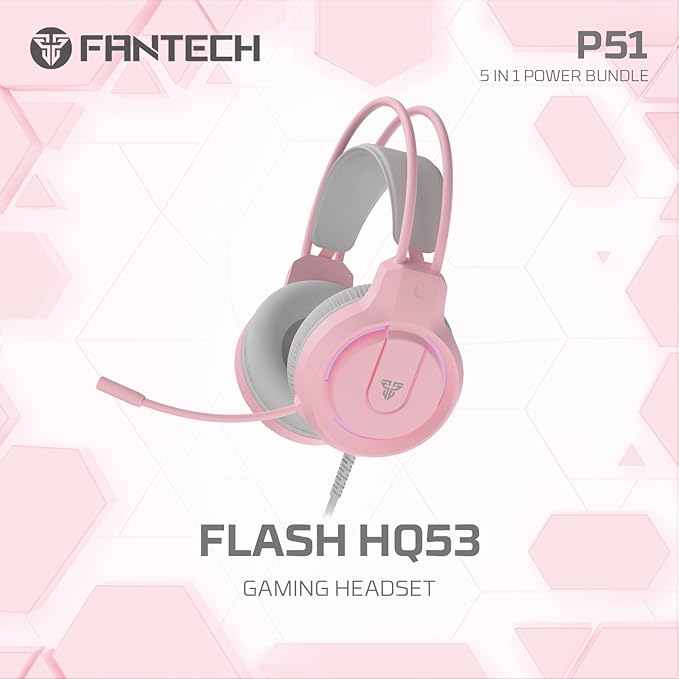 FANTECH Wired Gaming Keyboard and Mouse Set Over-Ear Headphone and Headset Stand Gaming Mouse Pad Wired RGB Rainbow Mice PC Beginner Gamer Basic 5 in-1 forPCLaptopXbox Pink