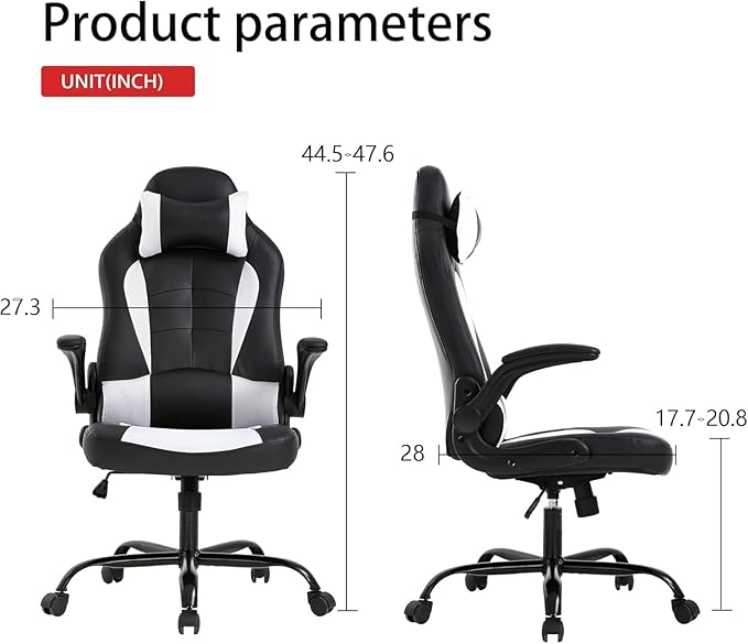 Gaming Chair High Back Computer Chair Egonomic Office Chair PU Leather Video Game Chairs Swivel Executive Chairwith Flip Up Arm Headrest Racing Chairs Rolling Chair for Adults White