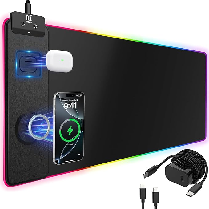 Mouse Pad with Magnetic Wireless Charging Large Desk Pad Protector RGB Black Mousepad Desk Mat with 15W Fast Charger 4mm Thick Non-Slip Waterproof Laptop Writing Pad for Office Home Gaming