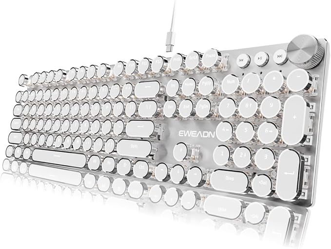 EWEADN Typewriter Style Mechanical Keyboard Wired Typewriter Keyboards104 Keys Backlit LED Metal Keyboards Media Control Knob Wired Computer Keyboard White Switch for Windows/Mac/PC-White
