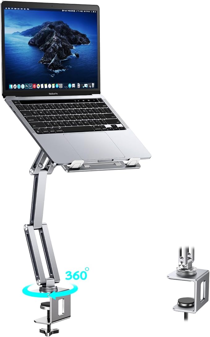Laptop Mount for Desk Tablet Arm Mount with 360° Rotating Aluminum Laptop Tray Adjustable Foldable Computer Stand/Holder Fit for 11-15 Inch Laptops (Silver)