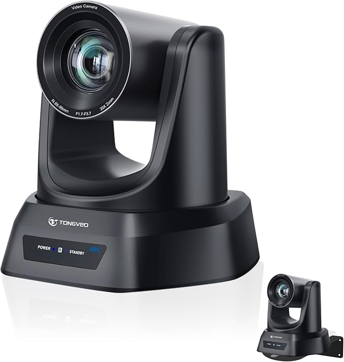 TONGVEO 4K AI PTZ Camera with Auto Tracking and 20X Optical Zoom Conference Room Webcam with HDMI/USB3.0/LAN/PoE Ideal for Church Worship Zoom Meetings Live Streaming and Education