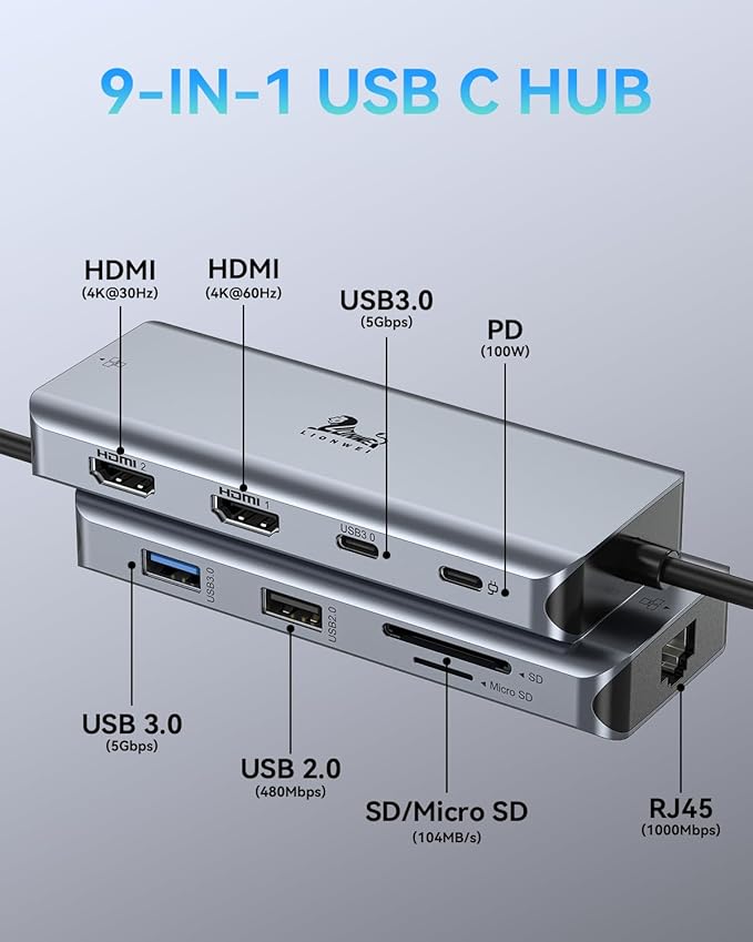 LIONWEI 9 in 1 Laptop Docking Station Dual HDMI 100W PD USB C 3.0 Ethernet Audio/Mic USB C Hub for Dell/Surface/HP/Lenovo Laptops