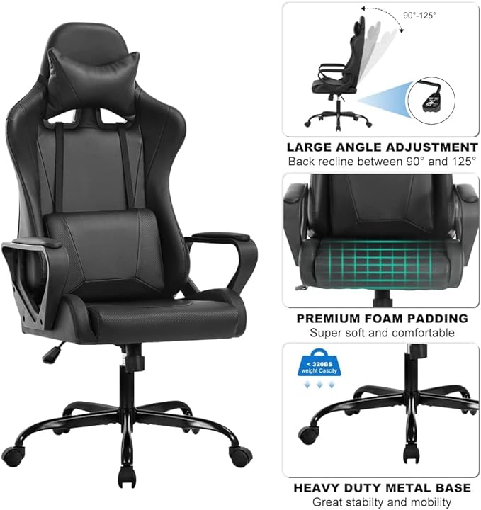 Ergonomic High Back Gaming Chair &amp Office Chair PU Leather &amp Adjustable &amp Easy Assembly &amp BIFMA Certified for Home/Office (Gray) (Black)