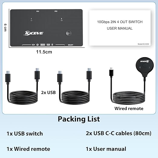 USB 3.0 Switch for 2 USB C Laptop KCEVE USB 3.2 10Gbps 2 in 4 Out USB C Switcher for 2 PC Share 4 USB Devices Printer Scanner Mouse Keyboard with 2 USB C-C cables KCC204DZUS