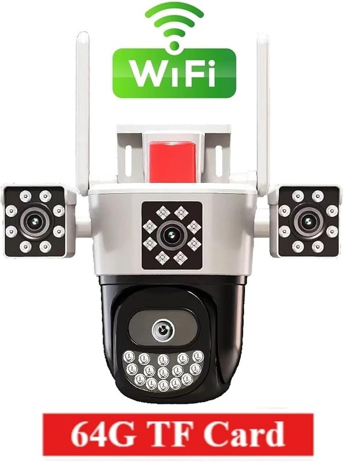 Outdoor Surveillance Camera 360 Ptz Tri-Lens Home Alarm Telecamera WiFi Color Night Vision Webcam Waterproof Panoramic Camera(64G TF Card)