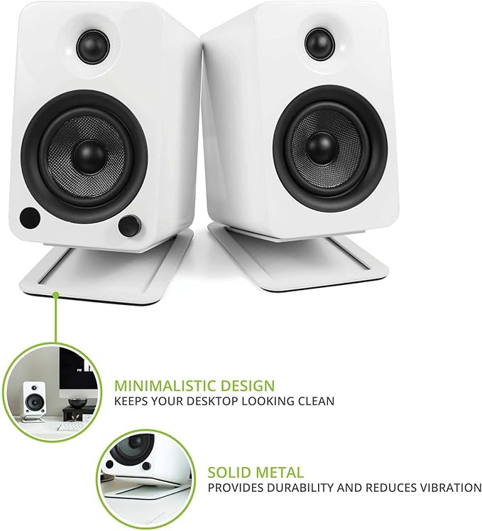 Kanto S4 Tilted Desktop Speaker Stands for Medium Bookshelf Speakers &amp Mid-Size 3”-4” Studio Monitors | Supports 8 lbs | Damping Foam Padding | ¼”-20 Mounting | Pair | White