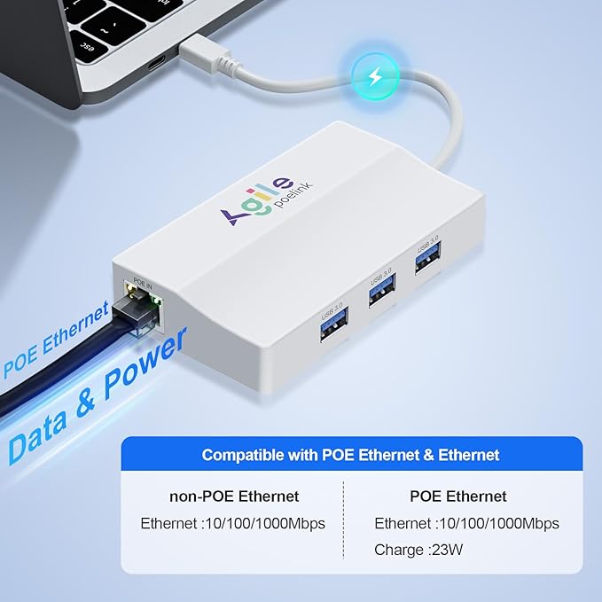 PoE to USB C Hub USB-C to Ethernet Multiport Adapter Plug &amp Play 5 in 1 (Gigabit Ethernet 23W Powered by POE 802.3at 3*USB 3.0) to Type-C Adapter for Smart Phone/Tablet