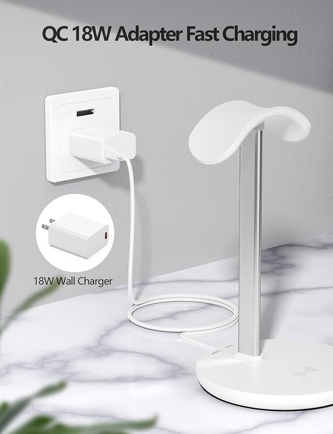 Miroddi Headphone Stand with Wireless Charger Independent USB Charging Port 5 in 1 Charging Station Headset Holder Rack for AirPods Max/Pro/4/3/2 iWatch iPhone Samsung and Desk Headphones White