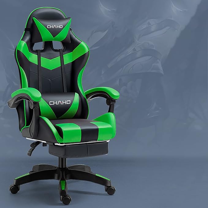 Gaming Chair Computer Chair with Footrest and Lumbar Support Height Adjustable Game Chair with 360°-Swivel Seat and Headrest and for Office or Gaming (GreenV-Style)