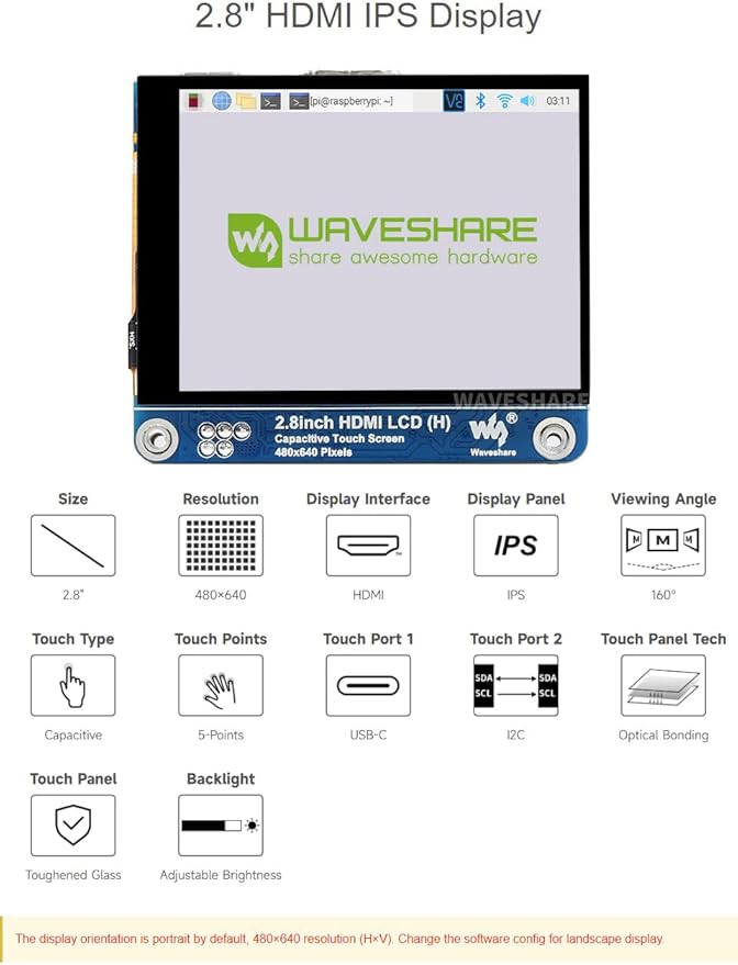 waveshare 2.8inch HDMI IPS LCD Display Compatible with Raspberry Pi 5/4B/3B/Zero/Zero W/Zero 2W/Pico/Pico W/Pico WH 480×640 Resolution Supports Jerson Nano/Windows