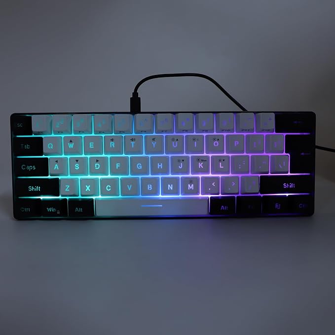 61 Key RGB Illuminated Keyboard 61 Keys Multi Color RGB Illuminated LED Backlit Wired Gaming Keyboard Ergonomic Gaming Mouse and Keyboard for Tablet Laptop (White Center Black