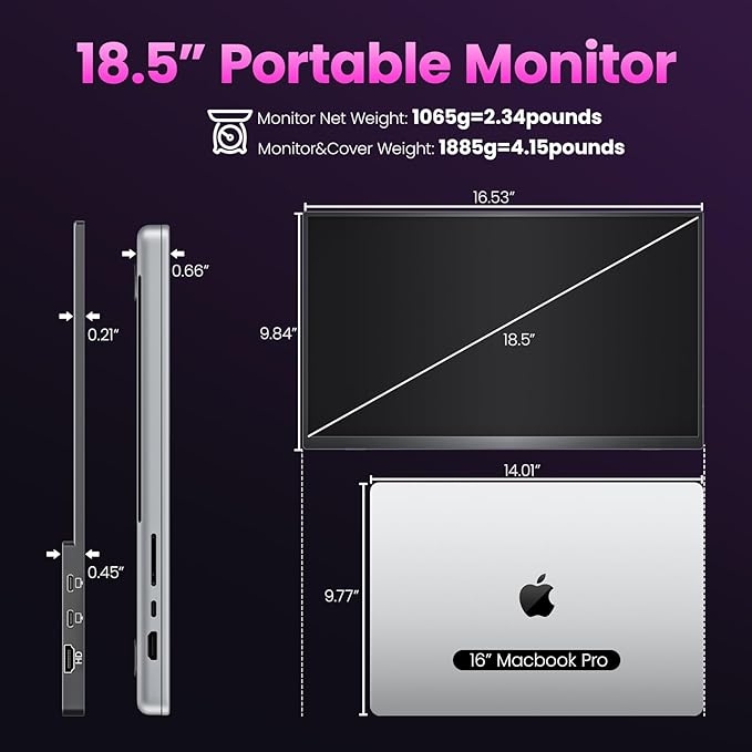 Portable Monitor 18.5 inch FHD 130% sRGB 100Hz HDR HDMI USB-C Travel Monitor for Laptop MacBook PC Surface PS5 Xbox Large External Display with Cover &amp Speakers VESA Compatible