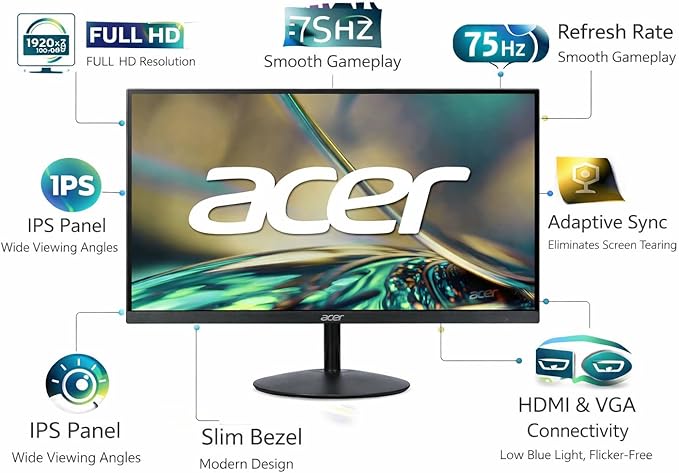 acer 32 Inch FHD IPS Monitor 75Hz Full HD 1920 x 1080 LED Display Ultra Thin Design HDMI VGA Eye Care Technology 178 Degree Viewing Angle Essential Home Office Monitor