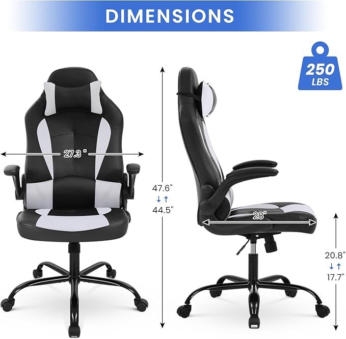 Gaming Chair PU Leather Computer Chair with Flip-up Armrest and Lumbar Support Ergonomic High Back Home Office Chair Comfy Video Game Chair for Home Bedroom White