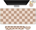 Beige Khaki Checkered Mouse Pad Set 4 in1 Large Gaming Ergonomics Keyboard Desk Mat with Memory Foam Wrist Rest Extended Game Mousepad Non-Slip Desk Pad Matt Easy Typing Pain Relief