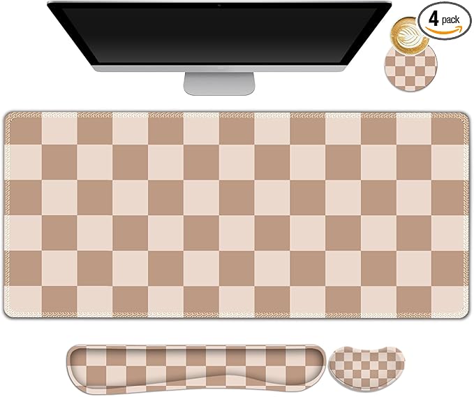 Beige Khaki Checkered Mouse Pad Set 4 in1 Large Gaming Ergonomics Keyboard Desk Mat with Memory Foam Wrist Rest Extended Game Mousepad Non-Slip Desk Pad Matt Easy Typing Pain Relief