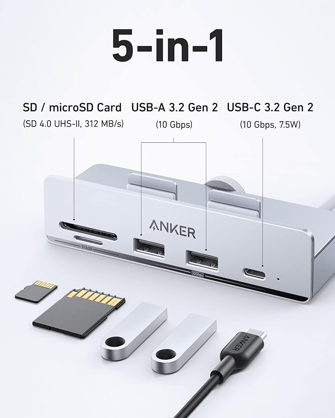 Anker USB C Hub 535 USB C Hub (5-in-1) with 2 USB-A 10 Gbps Data Ports USBC 10 Gbps Port SD and microSD Card Reader for iMac Pro/iMac 24 inch 2021 / iMac 27 inch / 21.5 inch