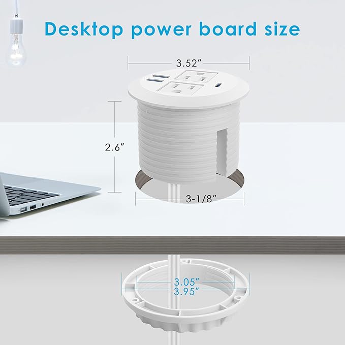 Jgstkcity 2-in-1 Desktop Power Grommet with USB-C Output 125V 12A 2 AC Outlets 3 USB Charging Ports White (Pack of 3)
