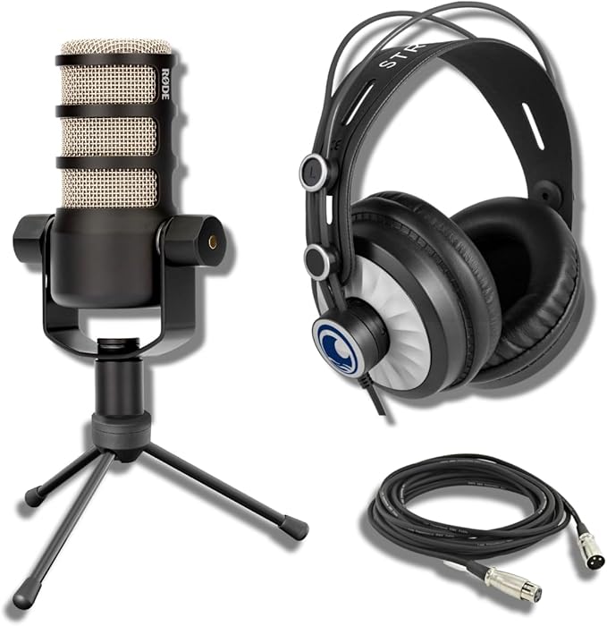 Rode PodMic Dynamic Podcast Microphone with StreamEye Cans50 Podcast Headphones Tripod Desktop Mic Stand and XLR Cable