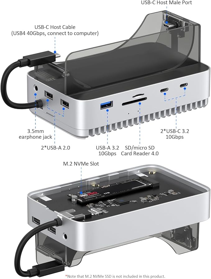 Qwiizlab 40Gbps Mac mini M4/M4 Pro Stand Hub with NVMe SSD Enclosure Docking Station with USB-C 10Gbps USB-A 10Gbps TF/SD 4.0 Card Readers 312MB/s USB-A 2.0 Fits M.2 PCIe up to 8TB