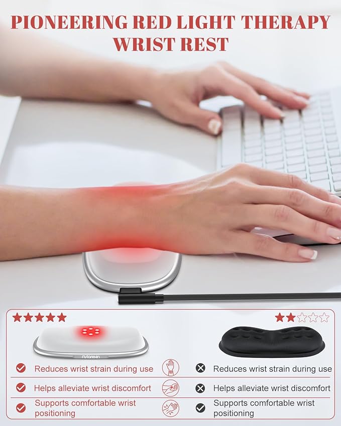 Red Light Therapy Mouse Wrist Rest - 660nm+850nm Touch-Activated Near-Infrared Light for Hand Ergonomic Design for Office/Gaming/Travel/Laptop