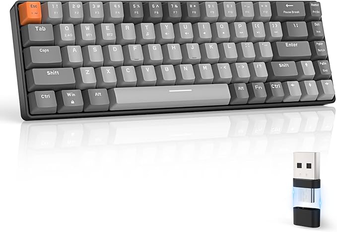 ZIYOU LANG RK68 60% Wireless Mechanical KeyboardBluetooth 5.0/2.4Ghz Dual Mode ReceiverHot-Swappable Mini 68-KeyRetro Color KeycapsLinear Red SwitchUltra Power Saving for PC PS4 Xbox iPhone ipad