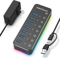 Powered USB Hub RSHTECH RGB 7 Ports USB 3.0/USB C Hub with 14 Mode RGB LED Strip Individual Touch Switches 3.3ft Cable and 5V/4A Power Adapter Aluminum Gaming USB Hub for PC and Laptop RSH-518R