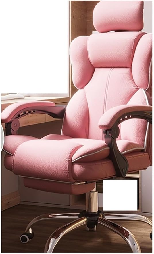 Computer Chair Household Office Chair Gaming Backrest Stool Scroll Wheel Pedal Headrest Latex Leather Rotatable Lifting Chair (Color : Pink Footrest a)