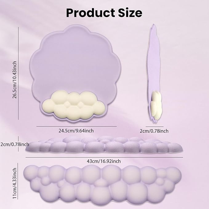 Memory Foam Keyboard Wrist Rest &amp Mouse Pad Set - Ergonomic Support for Laptop Mac &amp PC Cute Purple Cloud Design Non-Slip Base for Typing Gaming Pain Relief Comfortable Office Desk Must-
